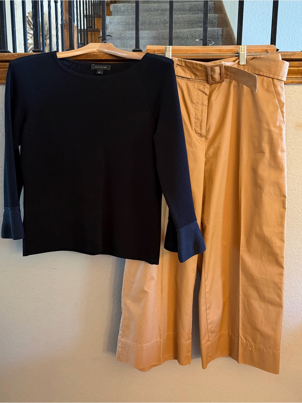 Ann Taylor Black Knit Top and Loft Carmel colored Cropped Wide-Leg Belted Pants